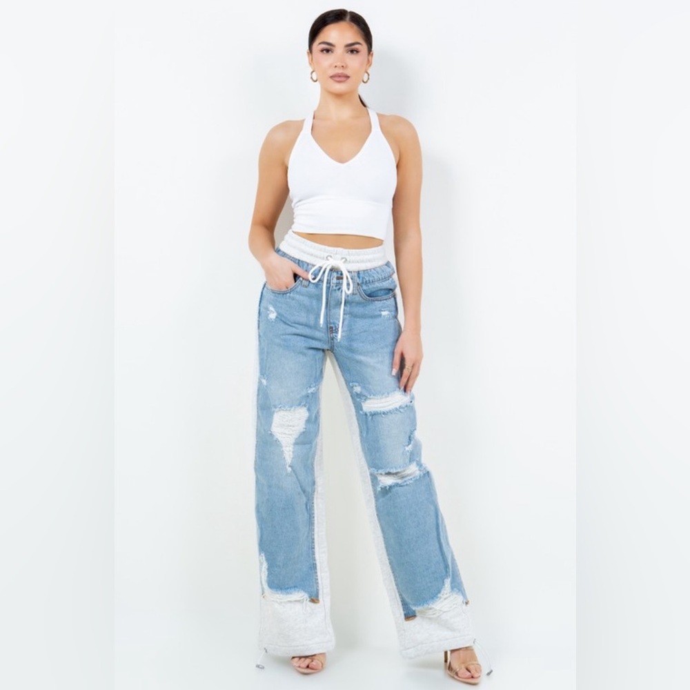 Light Blue Distressed Wide-Leg Jeans Sweatpants hybrid hi rise